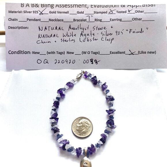 OQ# Natural Amethyst & White Agate & Sterling 925 Silver Bracelet - Picture 9 of 9